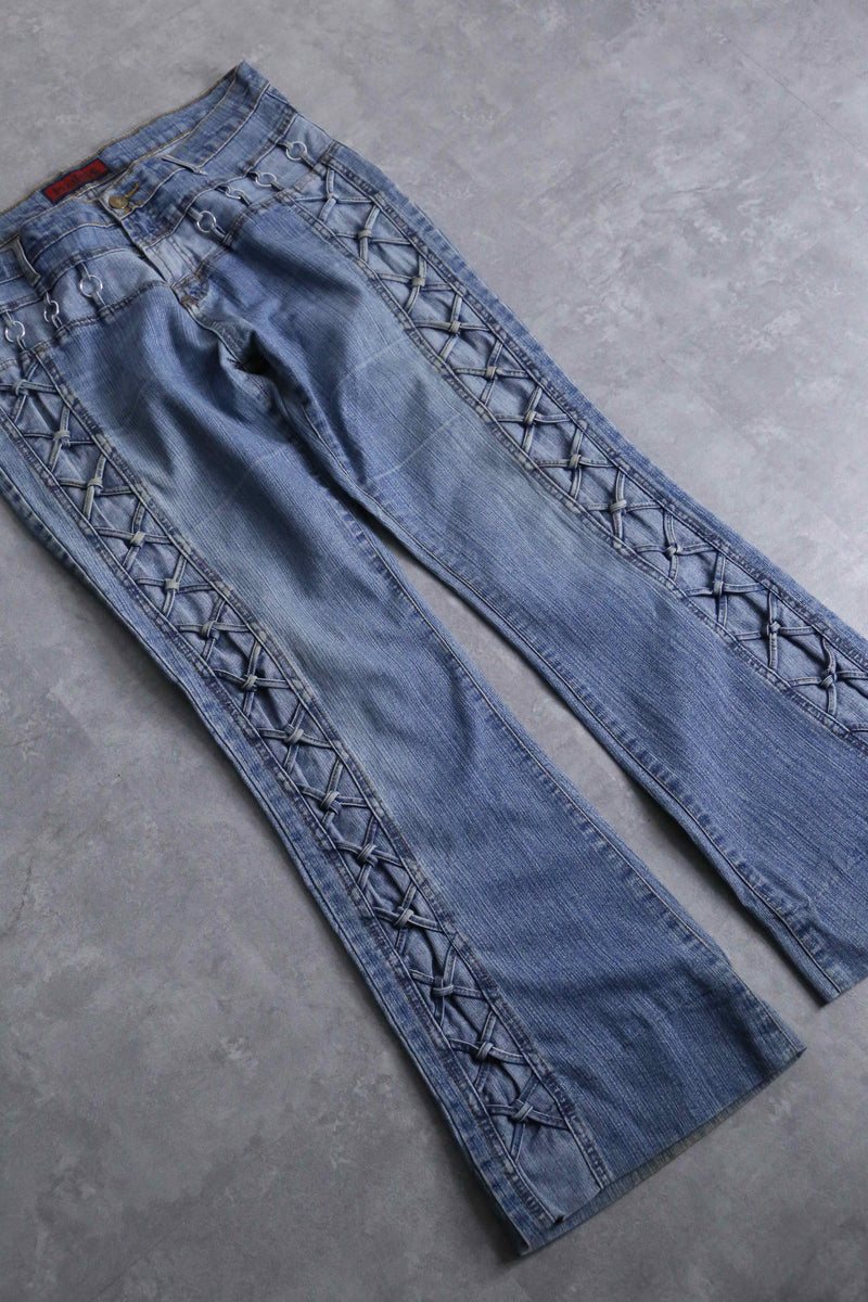 lace up design flare denim pants