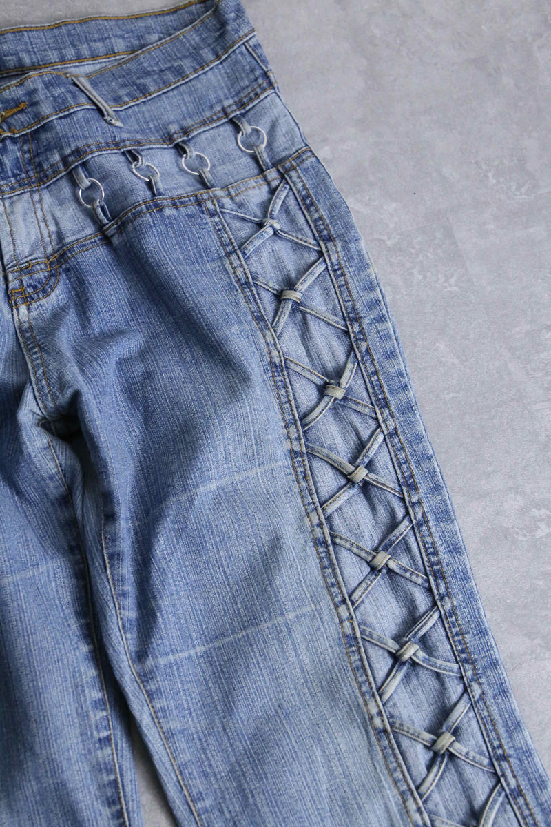 lace up design flare denim pants