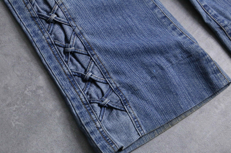 lace up design flare denim pants