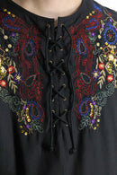 black base flower emb lace up pullover