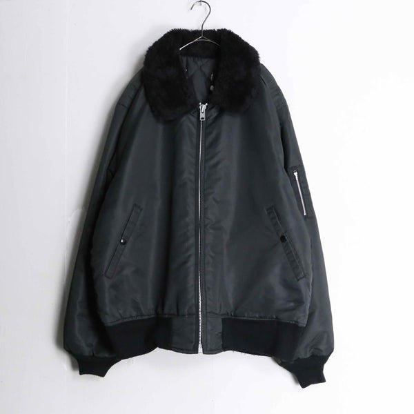 black torn boa collar nylon flight jacket