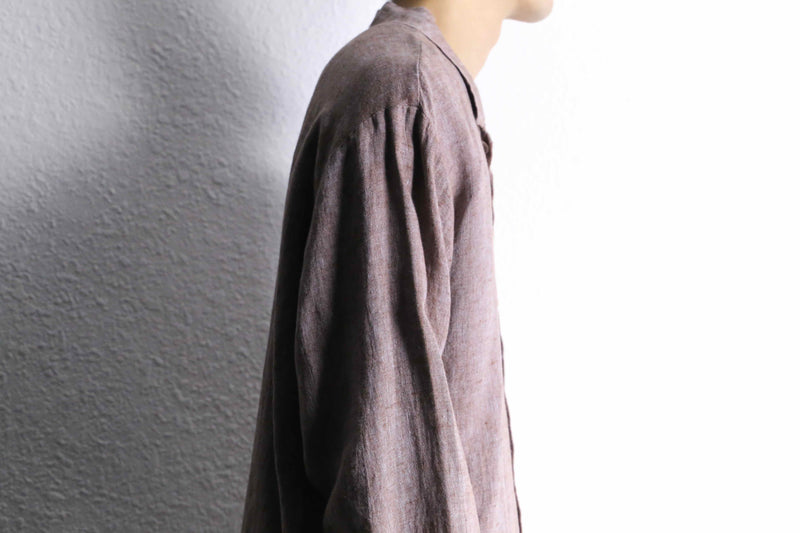 “FLAX” light brown color linen open collar shirt