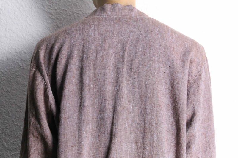 “FLAX” light brown color linen open collar shirt