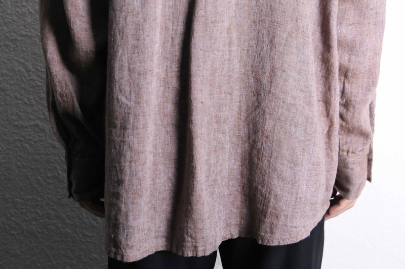 “FLAX” light brown color linen open collar shirt