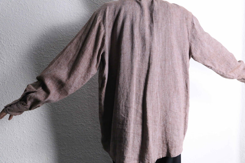 “FLAX” light brown color linen open collar shirt