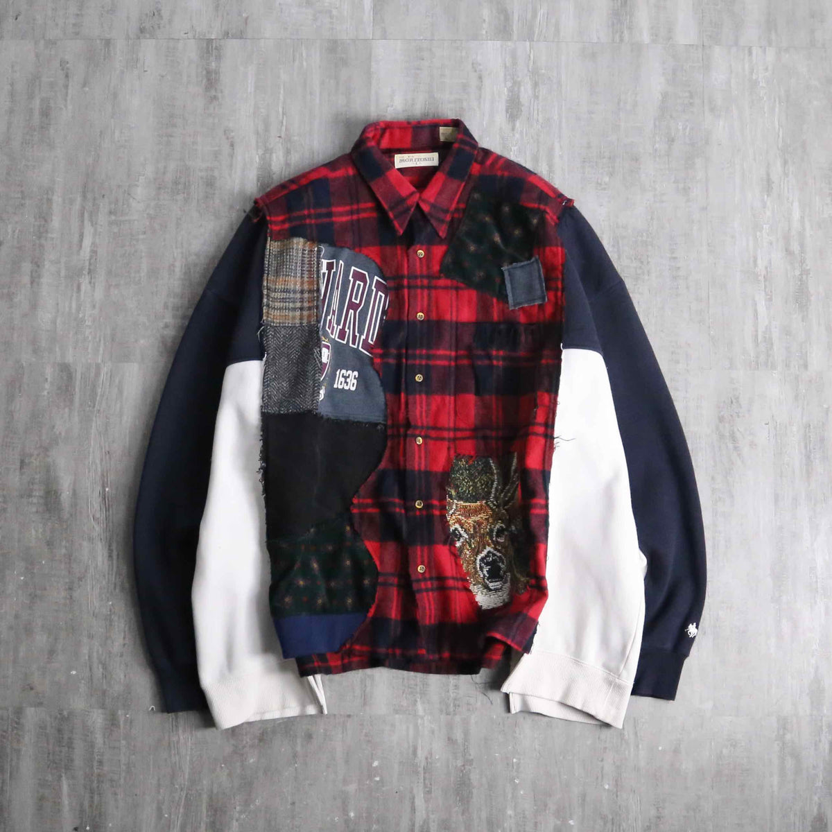 古着　スゥェット　チェックシャツ　ドッキング　短丈　袖長　デザイン　リメイク Re:make” check × sweat docking shirt