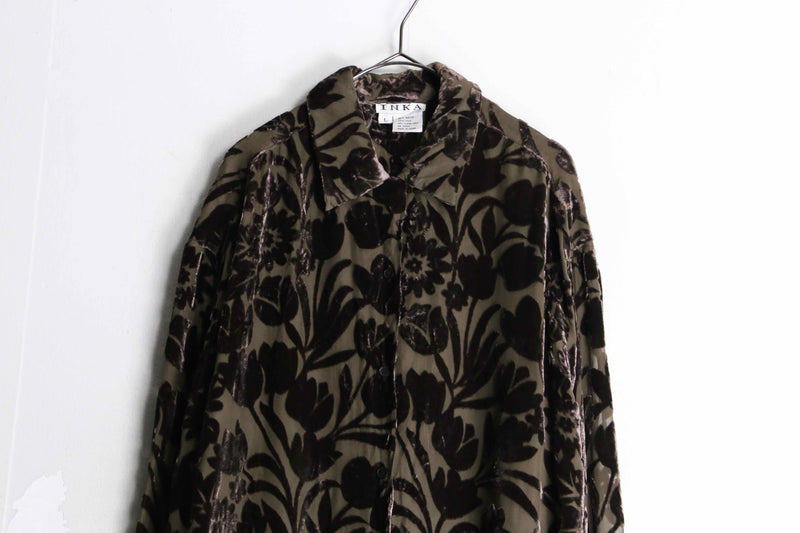 dark brown botanical velvet sheer shirt