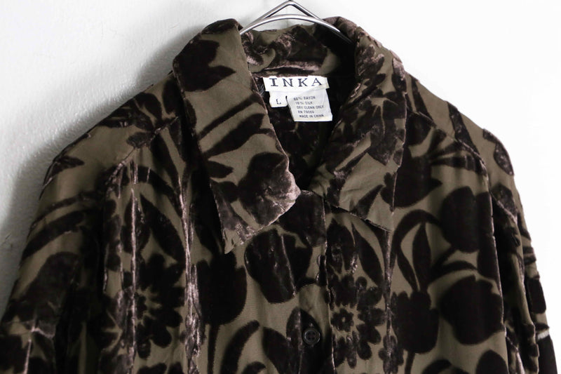 dark brown botanical velvet sheer shirt