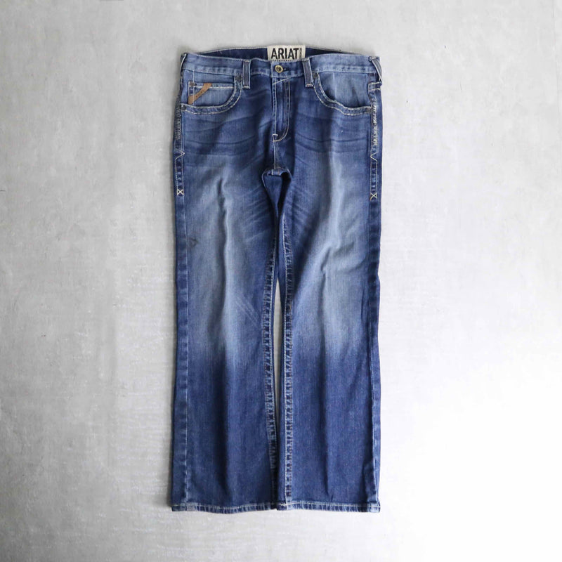 indigo color stitch design wide semi flare denim