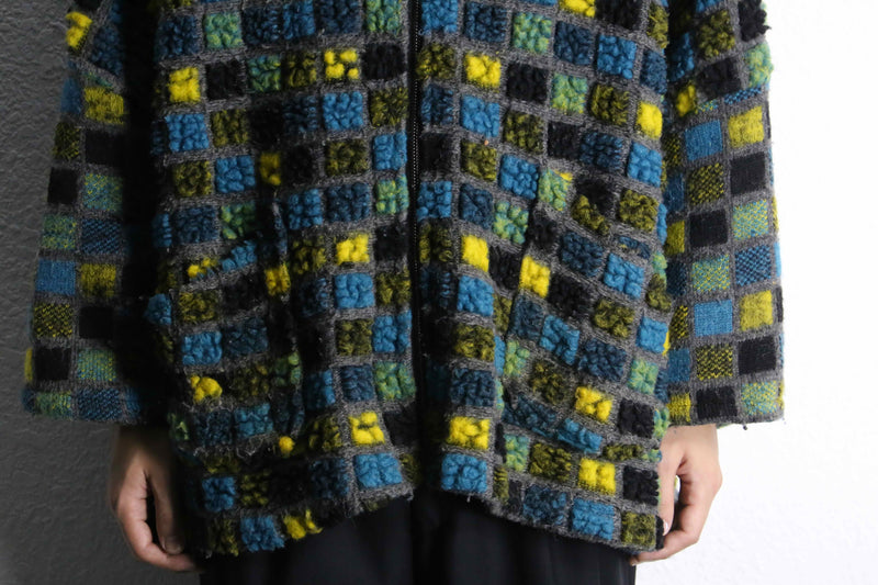 block check zip up knit hoodie