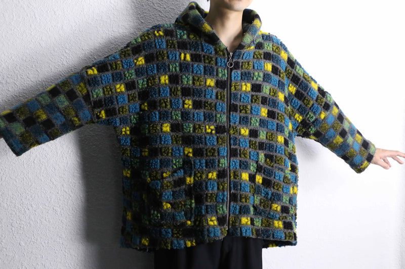 block check zip up knit hoodie