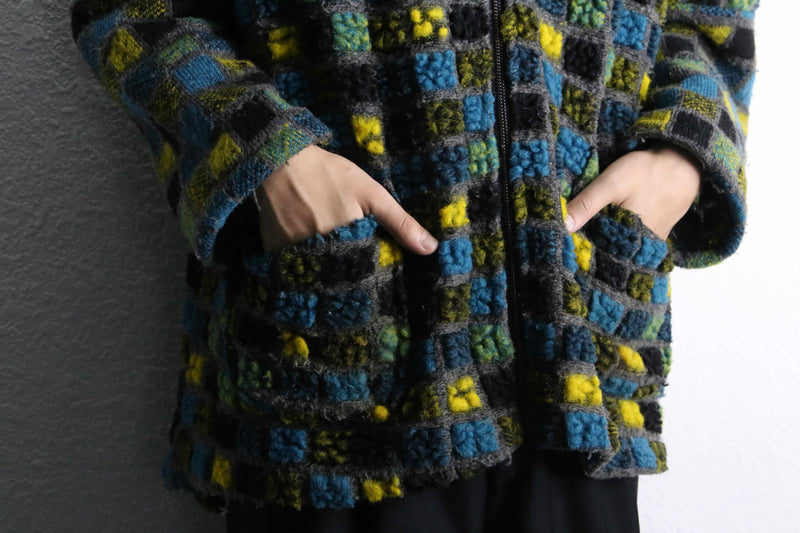 block check zip up knit hoodie