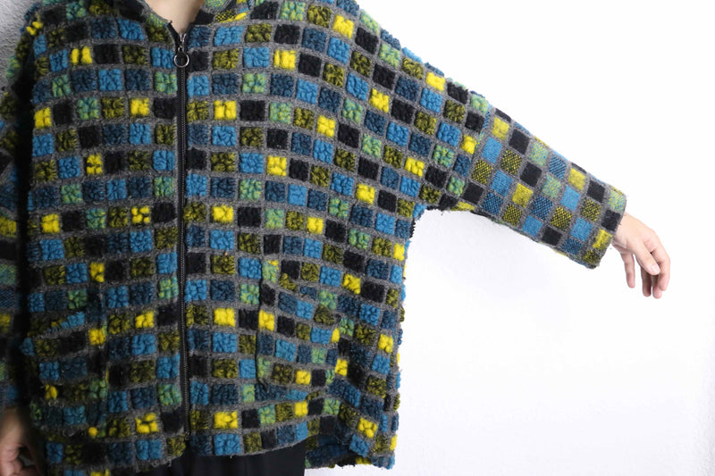 block check zip up knit hoodie