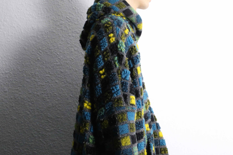 block check zip up knit hoodie