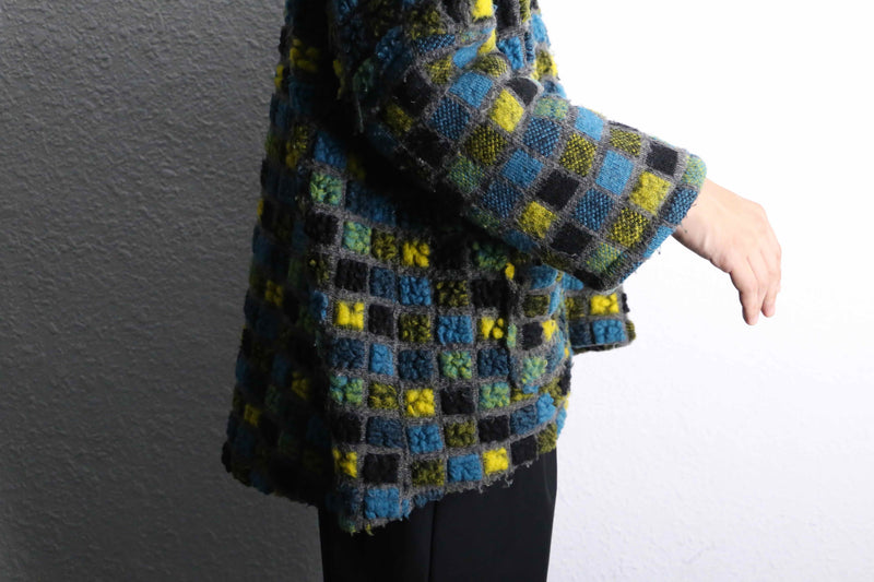 block check zip up knit hoodie