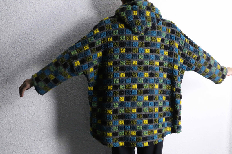 block check zip up knit hoodie