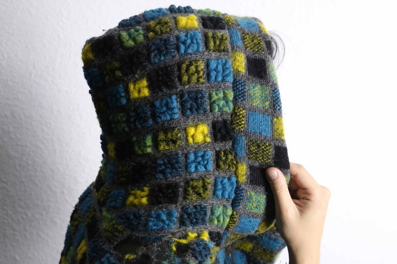 block check zip up knit hoodie