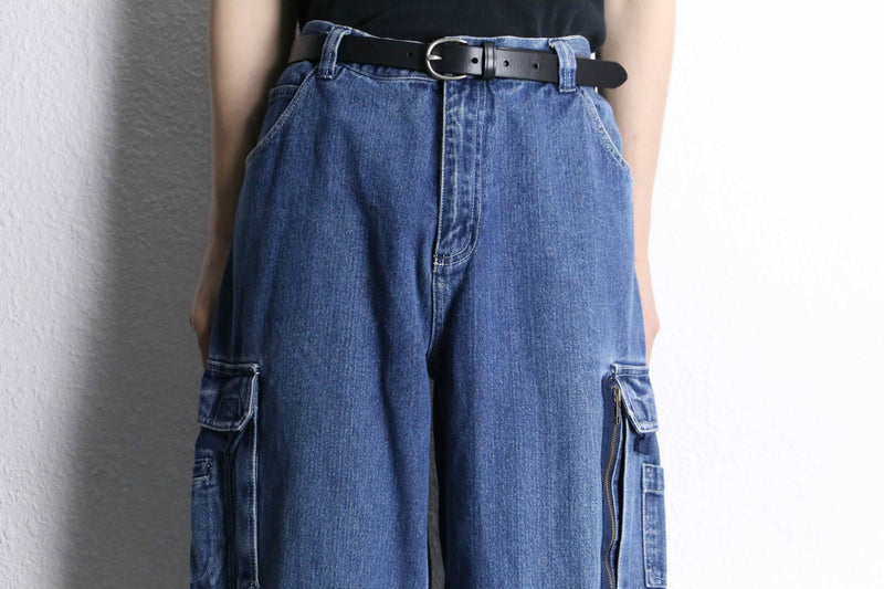 gimmick zip pocket blue denim cargo pants