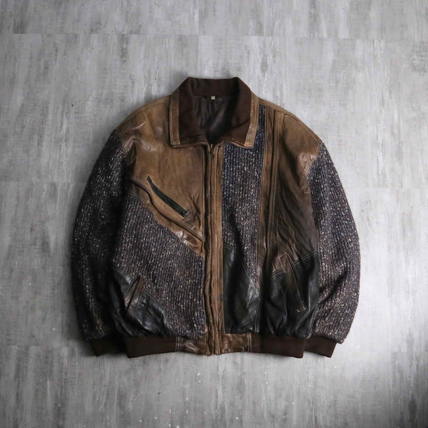 1990s leather combi melange knit jacket