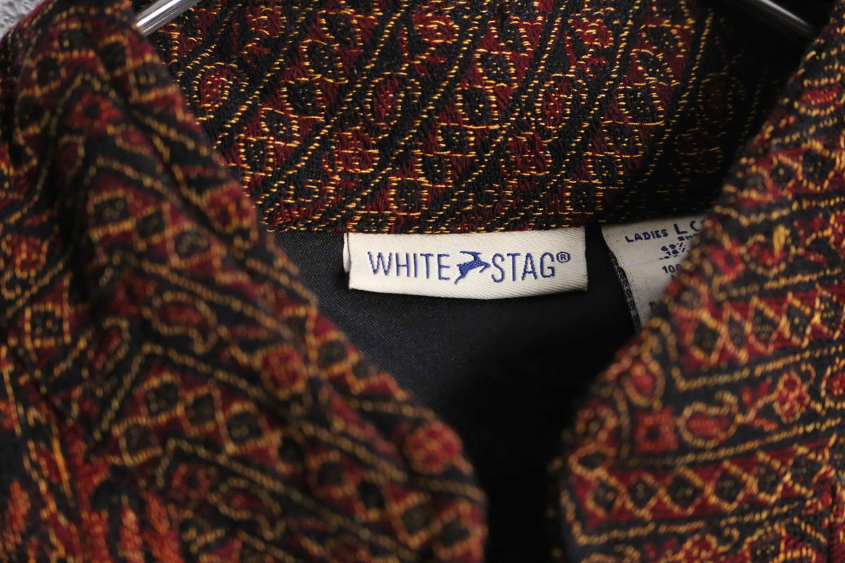 ✨90s WHITE STAG チャイナジャケット パッチワーク 刺繍 Lサイズ ホワイトスタッグ 総柄 カンフージャケット 刺繍 | ビンテージ