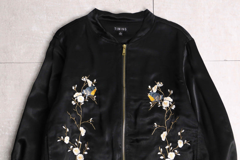 satin black color Japan taste embroidery jacket