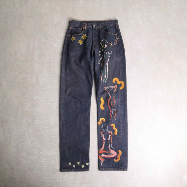 "女体" embroidered design denim pants
