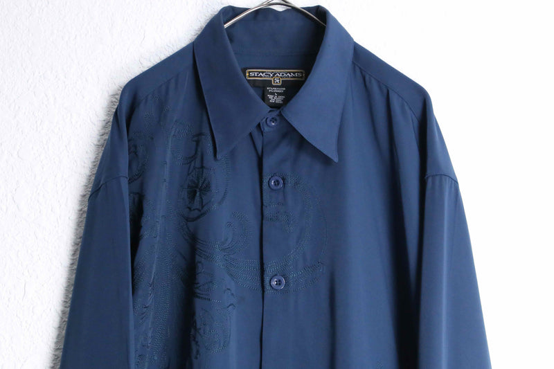 "STACY ADAMS" blue embroidery pattern shirt