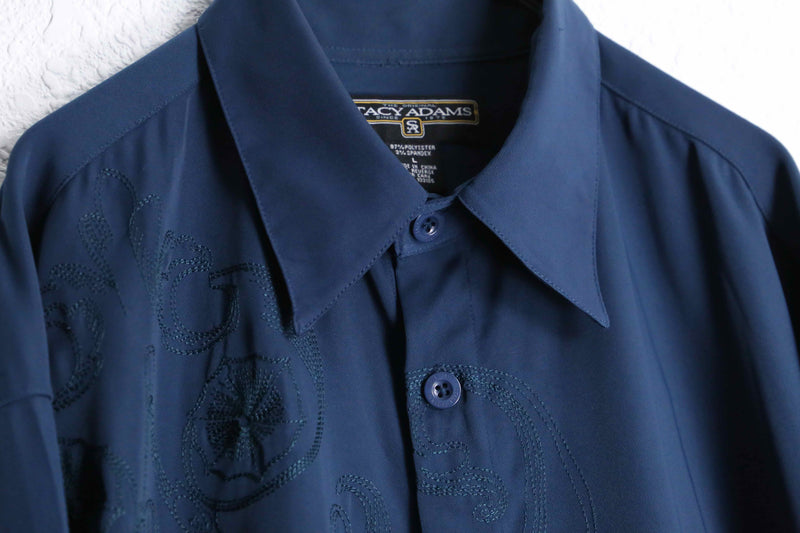 "STACY ADAMS" blue embroidery pattern shirt