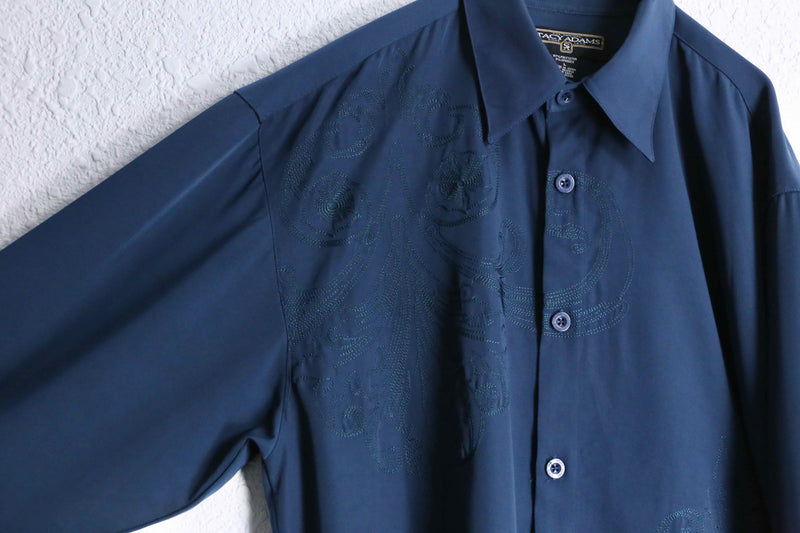 "STACY ADAMS" blue embroidery pattern shirt