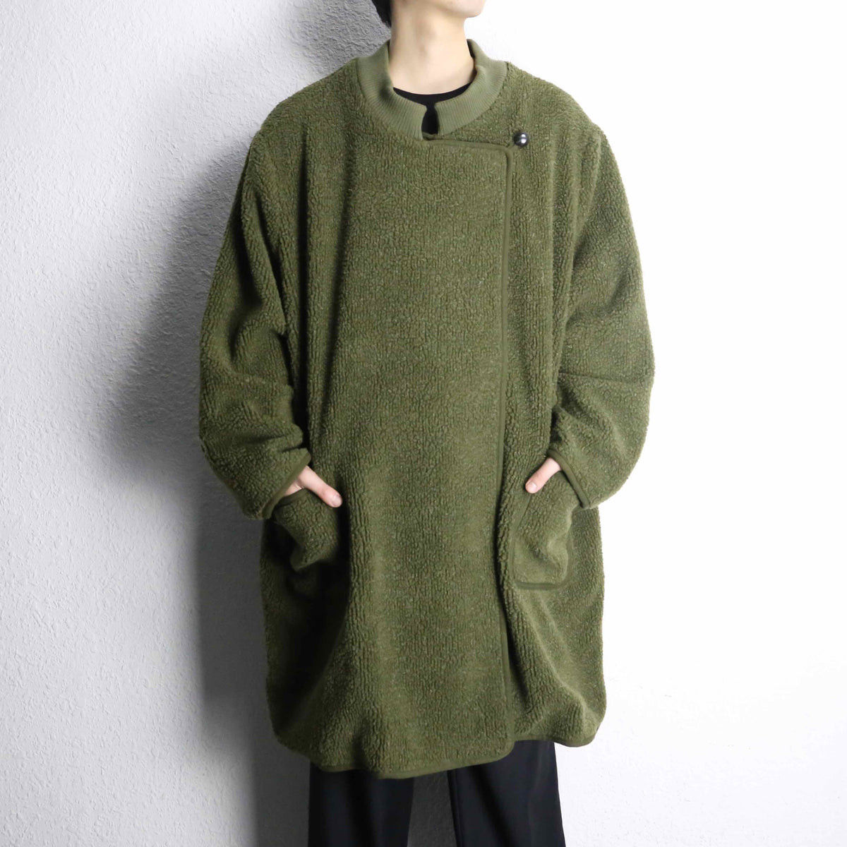 olive color fleece collarless jacket