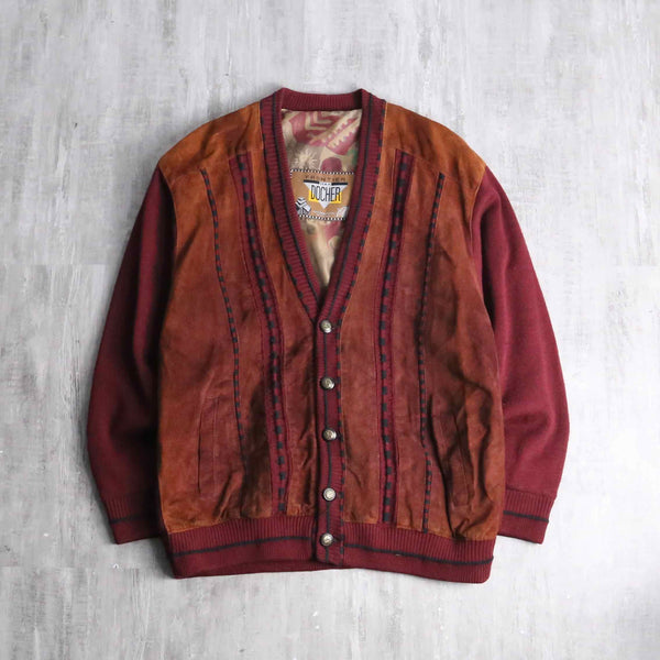 dark red color suede switch knit cardigan