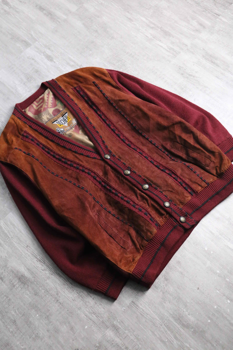 dark red color suede switch knit cardigan