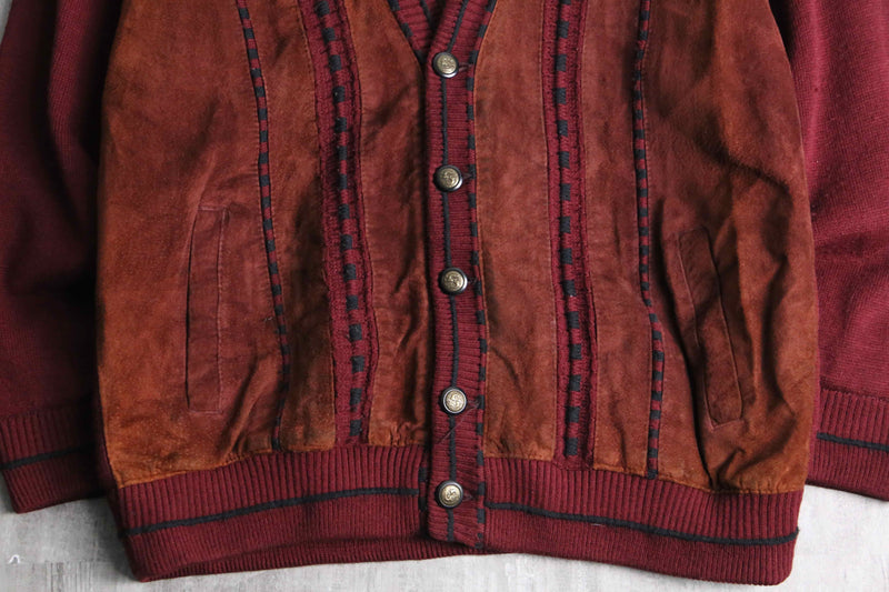 dark red color suede switch knit cardigan