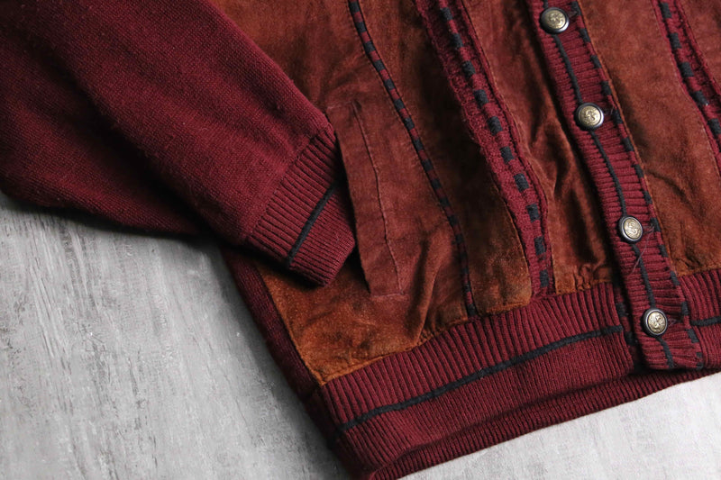 dark red color suede switch knit cardigan