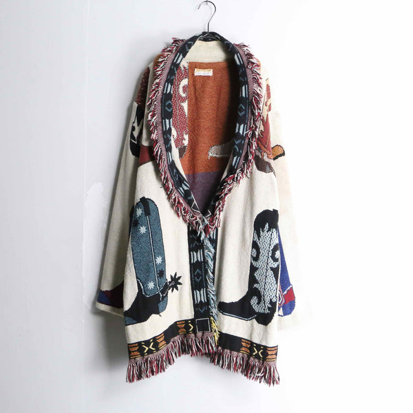 vintage rug textile fringe shawl collar jacket