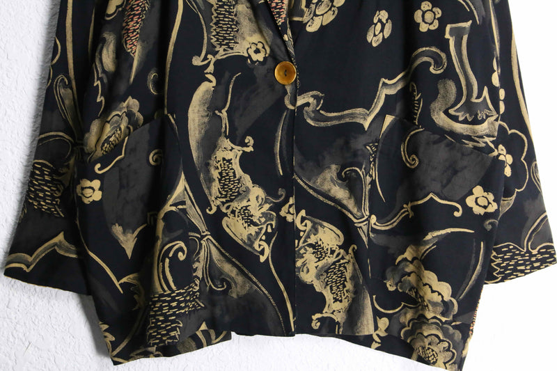 black base gold botanical design easy tailored jacket