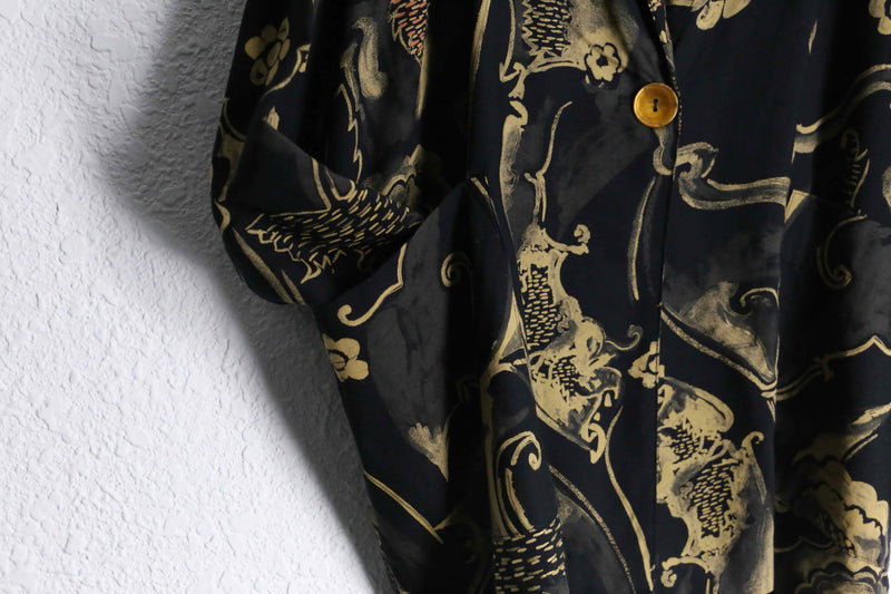 black base gold botanical design easy tailored jacket