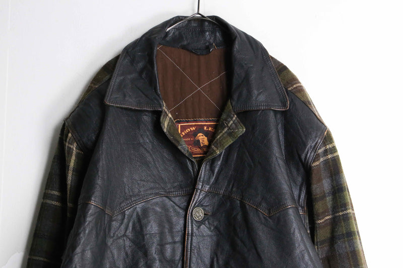 leather switch design check pattern wool jacket