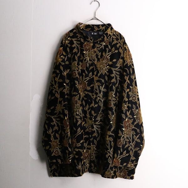 black×gold botanical pattern velour shirt