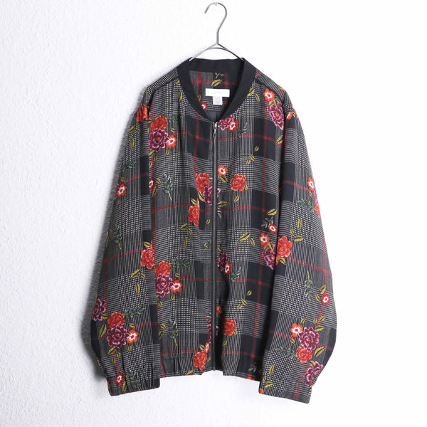 botanical check pattern poly blouson