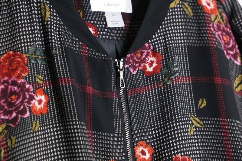 botanical check pattern poly blouson