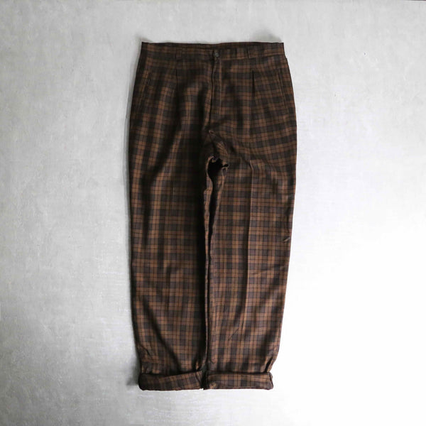 brown color check pattern wide tapered trousers