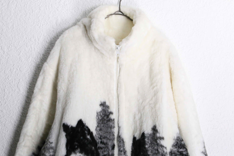wolf design faux fur jacket