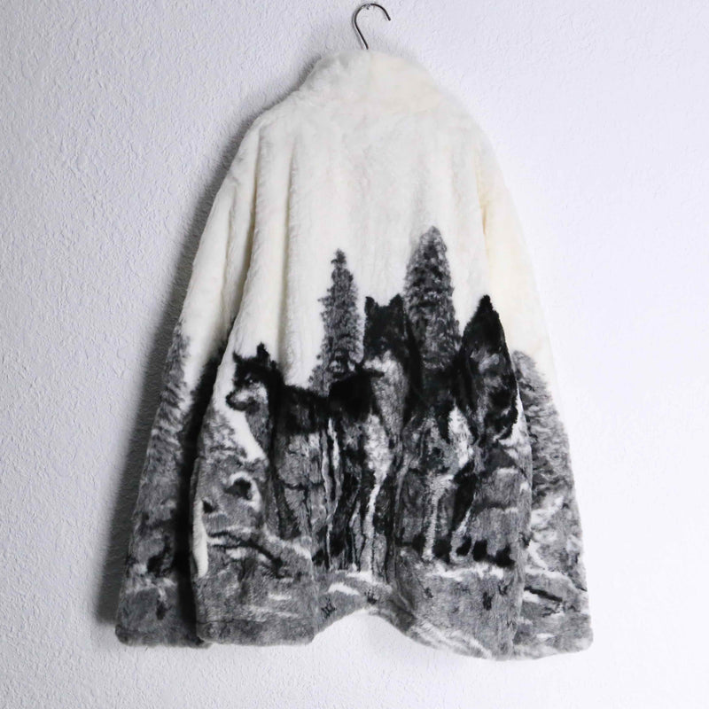 wolf design faux fur jacket