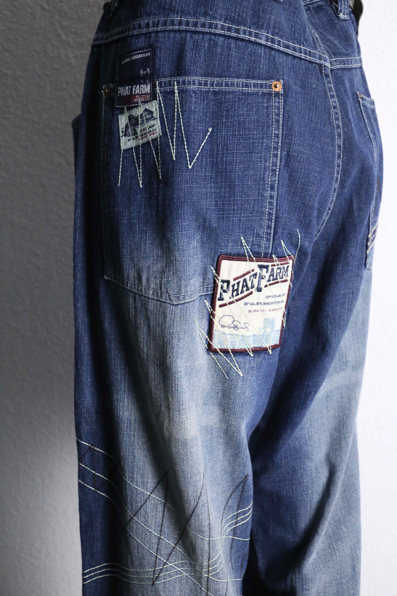 1990's-2000's "Phat Farm" stitch × patch design wide denim pants