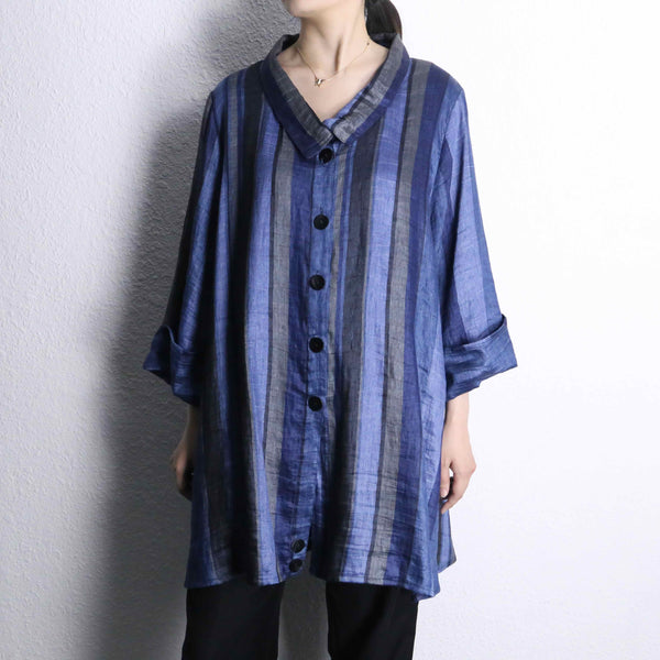 blue stripe linen long shirt jacket