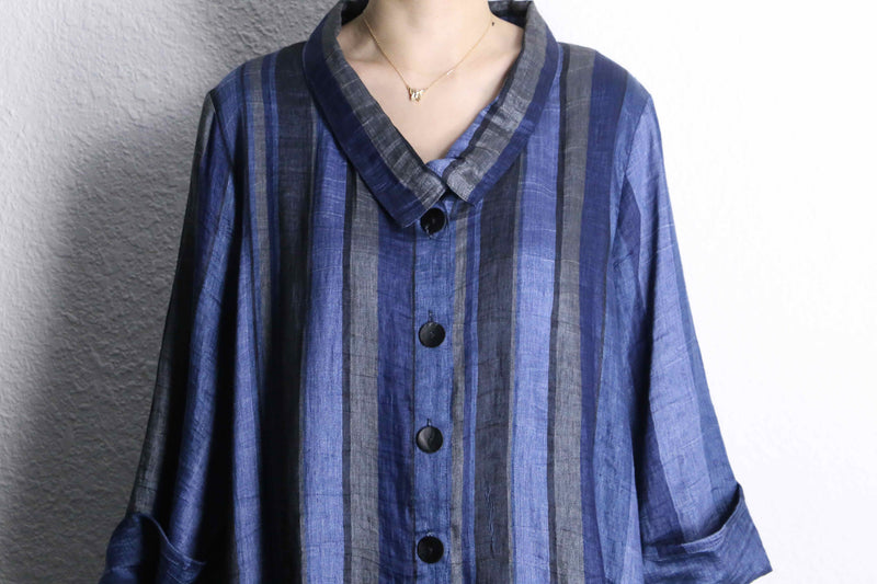 blue stripe linen long shirt jacket