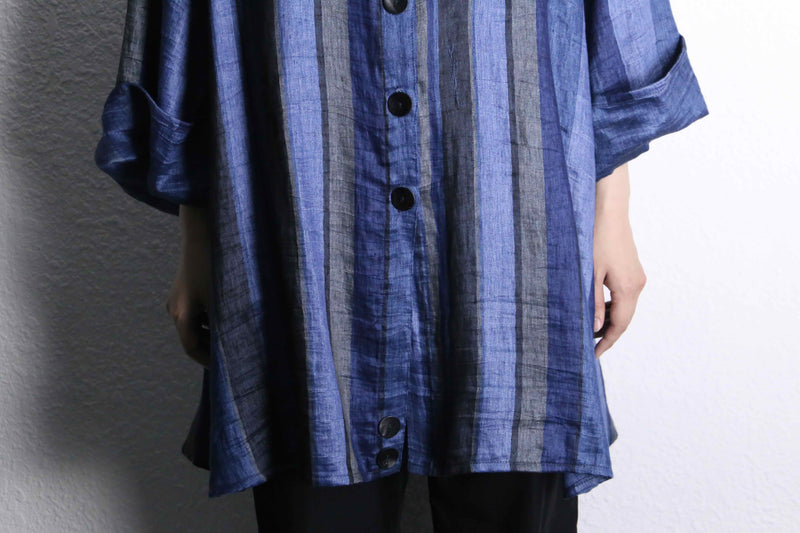 blue stripe linen long shirt jacket
