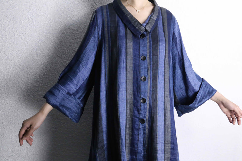 blue stripe linen long shirt jacket