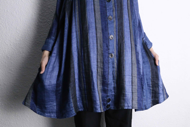 blue stripe linen long shirt jacket